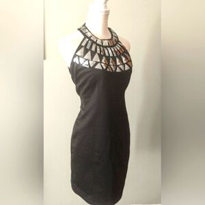 Vintage Black Sleeveless Fitted Dress - Mirrored Geometric - M